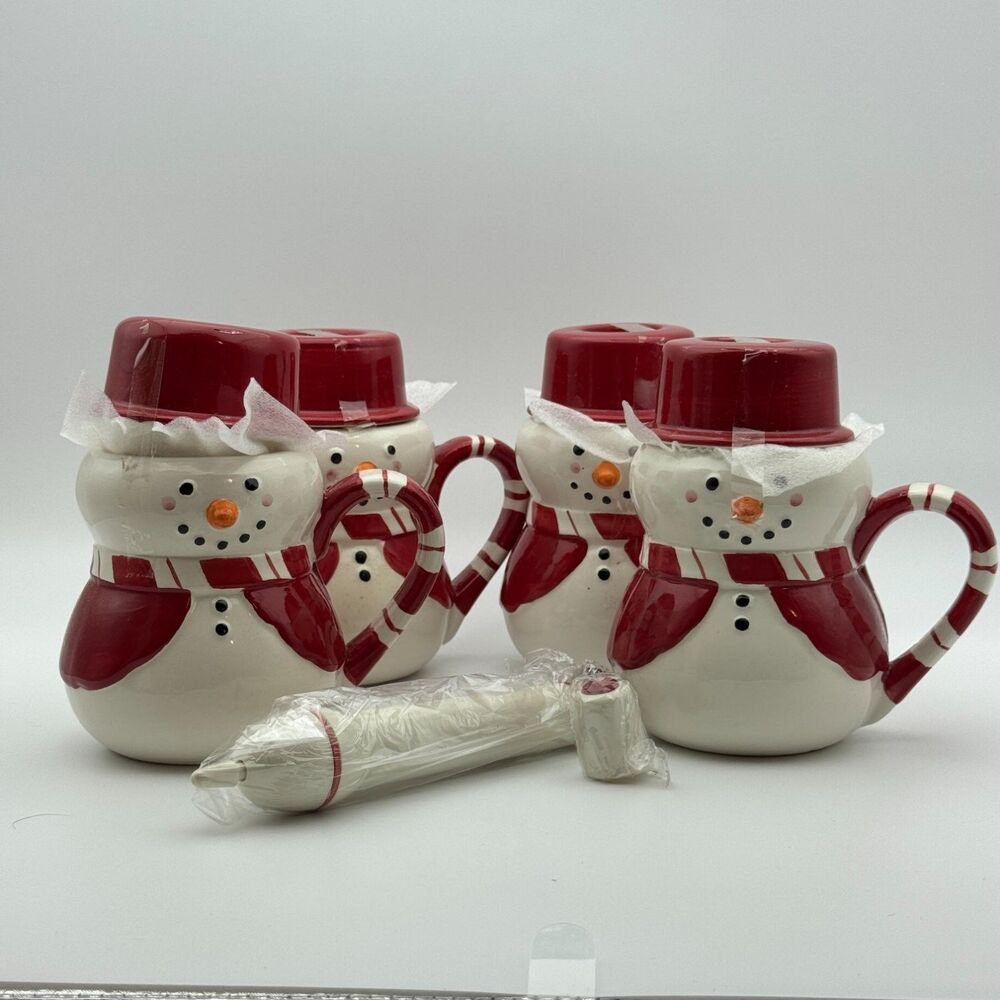 VTG New Snowman Ceramic Mug Set of 4 Lids and Milk Frother Holiday Christmas Red